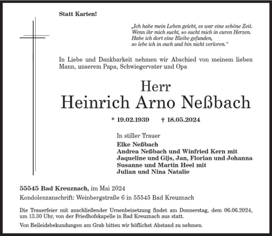 Traueranzeige von Heinrich Arno Neßbach von Allgemeine Zeitung Bingen/Ingelheim