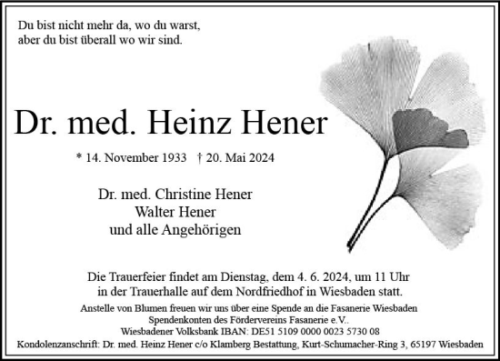 Traueranzeige von Heinz Hener von Wiesbadener Kurier
