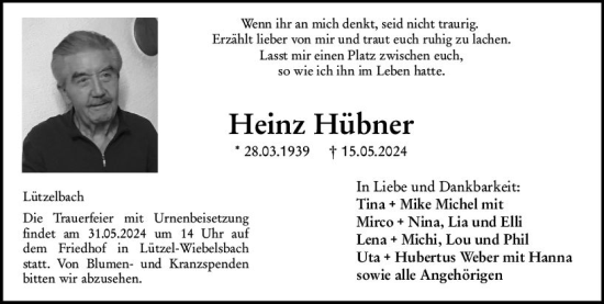 Traueranzeige von Heinz Hübner von Odenwälder Echo
