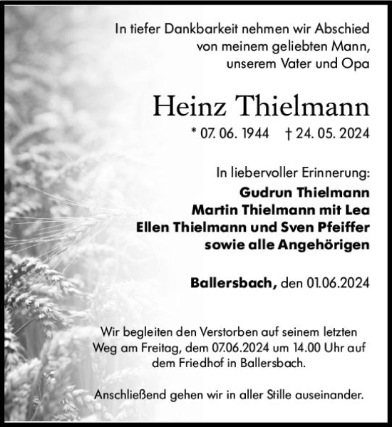 Traueranzeige von Heinz Thielmann von Dill Block