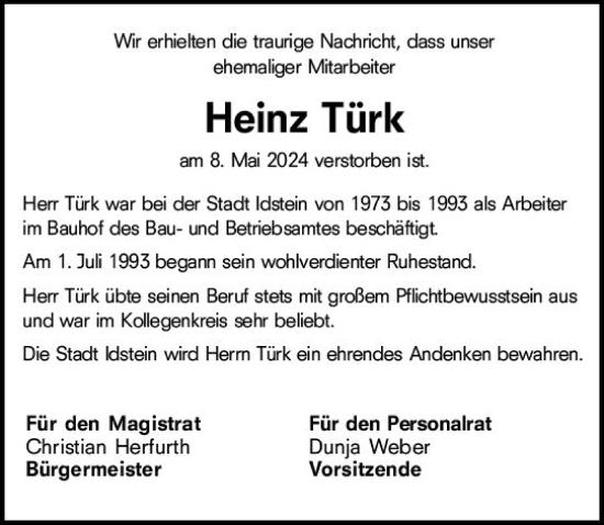 Traueranzeige von Heinz Türk von Idsteiner Land/Untertaunus