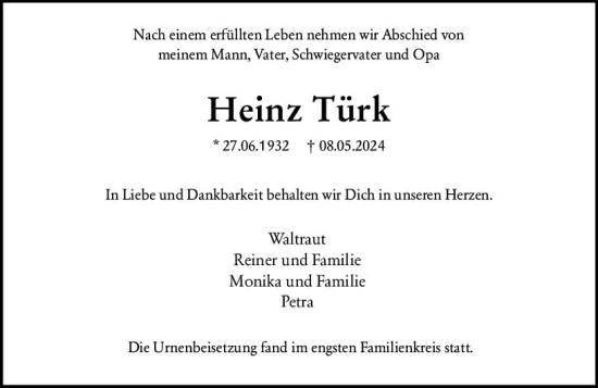 Traueranzeige von Heinz Türk von Idsteiner Land/Untertaunus