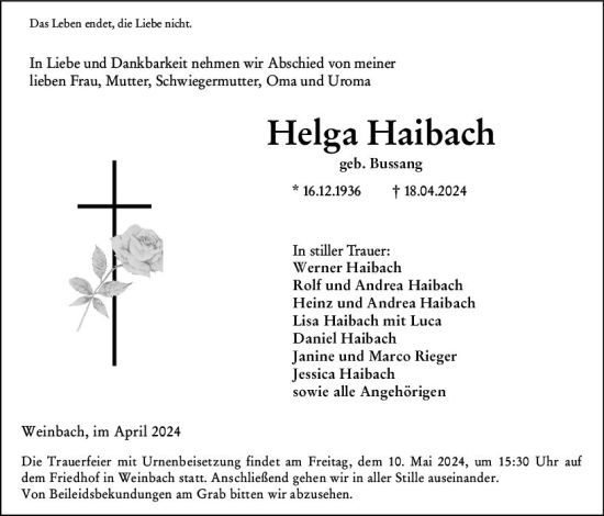 Traueranzeige von Helga Haibach von Weilburger Tageblatt