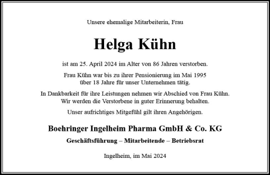Traueranzeige von Helga Kühn von Allgemeine Zeitung Mainz