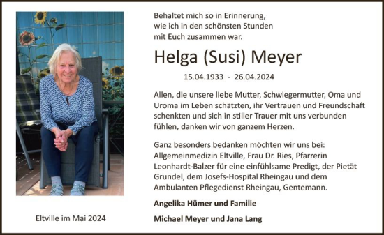 Traueranzeige von Helga Meyer von Rheingau Kurier