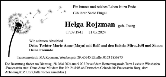 Traueranzeige von Helga Rojzman von Wiesbadener Kurier
