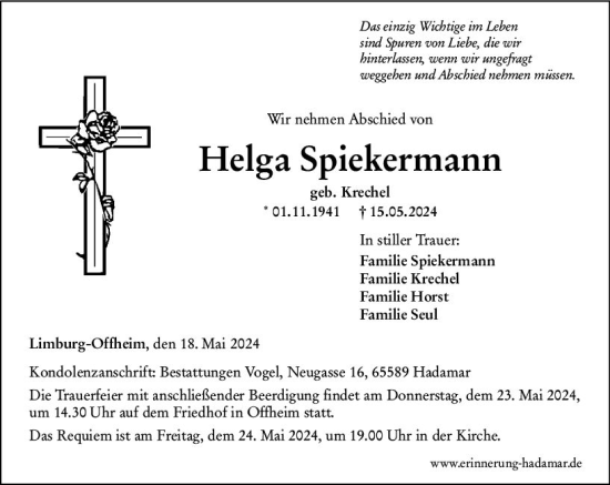 Traueranzeige von Helga Spiekermann von Nassauische Neue Presse