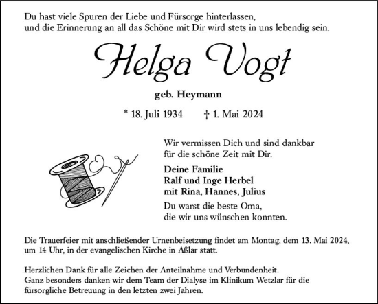 Traueranzeige von Helga Vogt von Wetzlarer Neue Zeitung