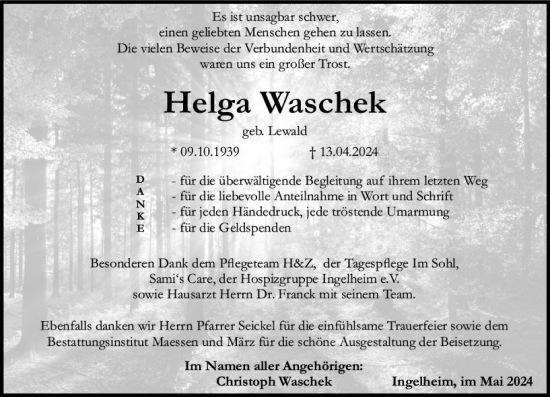 Traueranzeige von Helga Waschek von Allgemeine Zeitung Bingen/Ingelheim