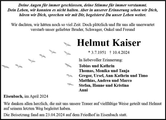Traueranzeige von Helmut Kaiser von Camberger Anzeiger