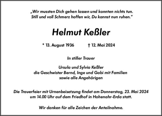 Traueranzeige von Helmut Keßler von Wetzlarer Neue Zeitung