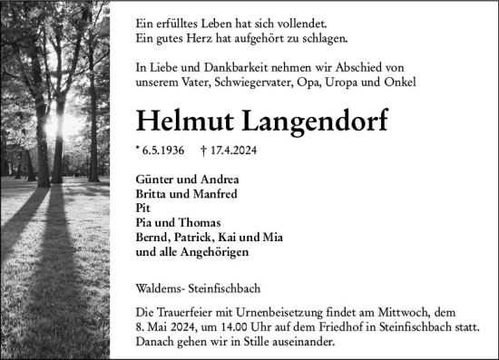 Traueranzeige von Helmut Langendorf von Camberger Anzeiger