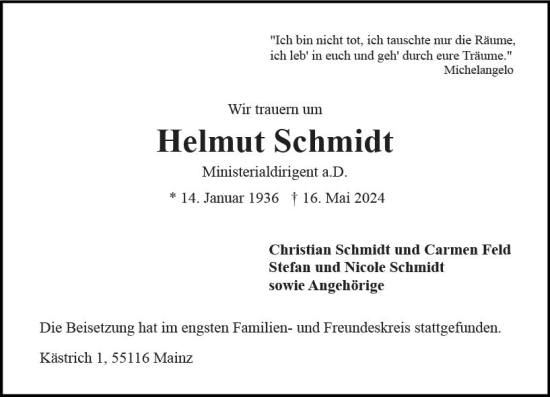 Traueranzeige von Helmut Schmidt von Allgemeine Zeitung Mainz