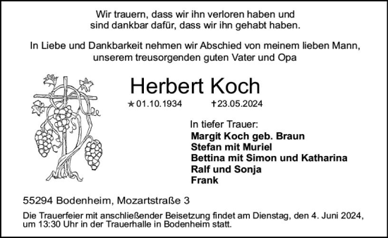 Traueranzeige von Herbert Koch von Allgemeine Zeitung Mainz