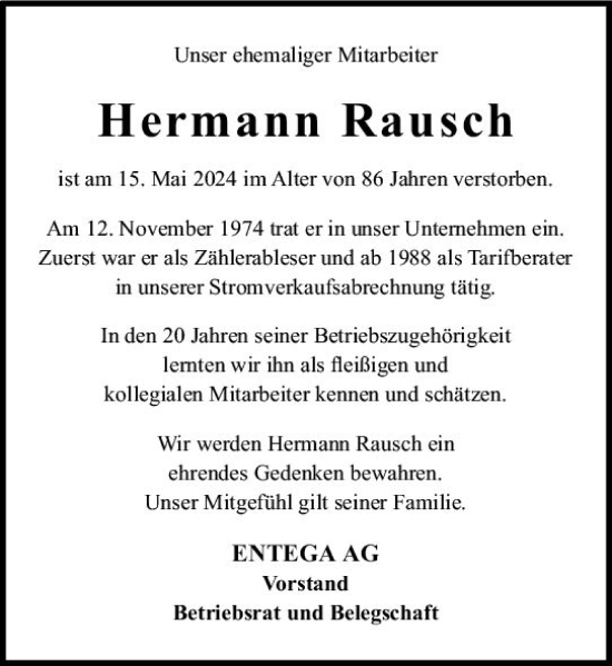 Traueranzeige von Hermann Rausch von Odenwälder Echo