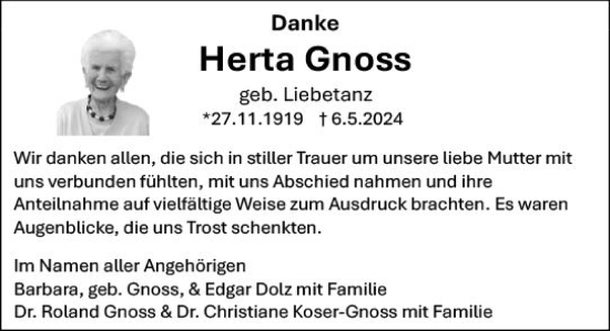 Traueranzeige von Herta Gnoss von Allgemeine Zeitung Mainz