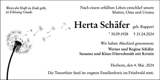 Traueranzeige von Herta Schäfer von Dill Block