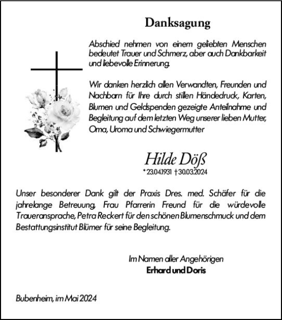 Traueranzeige von Hilde Döß von Allgemeine Zeitung Bingen/Ingelheim