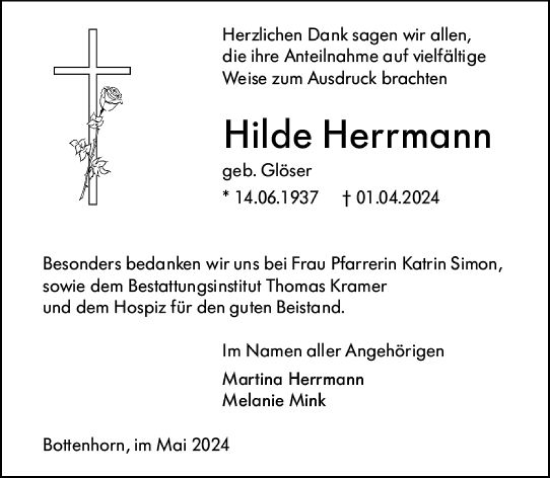 Traueranzeige von Hilde Herrmann von Hinterländer Anzeiger