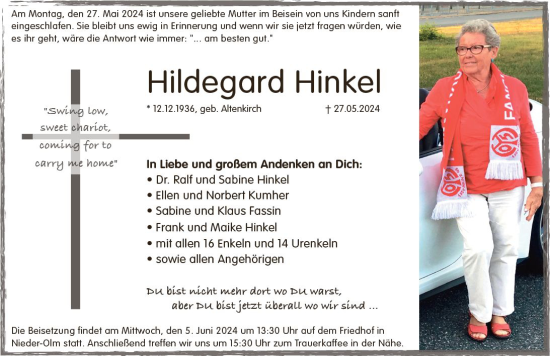 Traueranzeige von Hildegard Hinkel von Allgemeine Zeitung Mainz