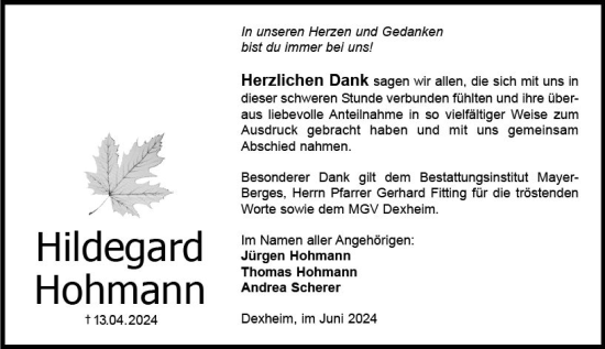 Traueranzeige von Hildegard Hohmann von Allgemeine Zeitung Mainz