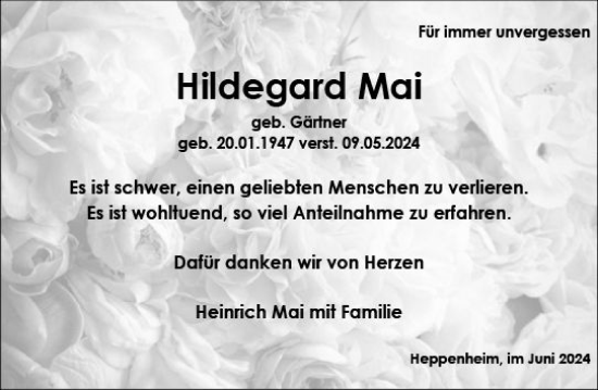 Traueranzeige von Hildegard Mai von Starkenburger Echo