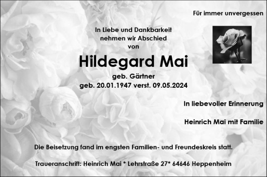 Traueranzeige von Hildegard Mai von Starkenburger Echo