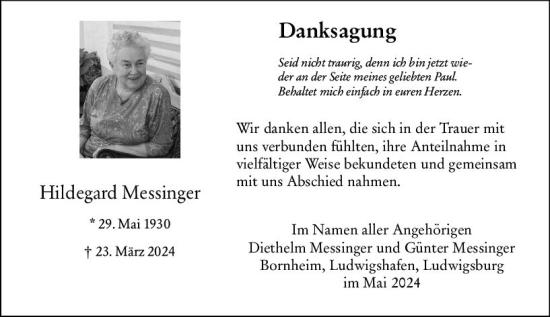 Traueranzeige von Hildegard Messinger von Allgemeine Zeitung Alzey