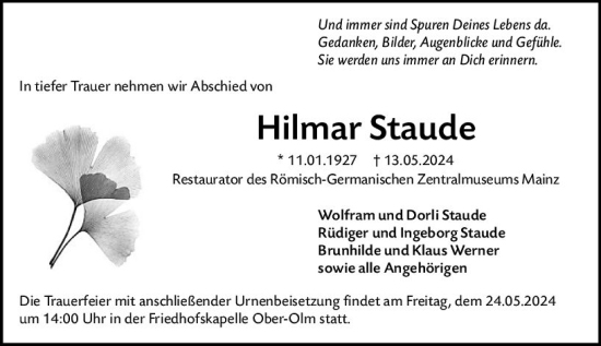 Traueranzeige von Hilmar Staude von Allgemeine Zeitung Mainz