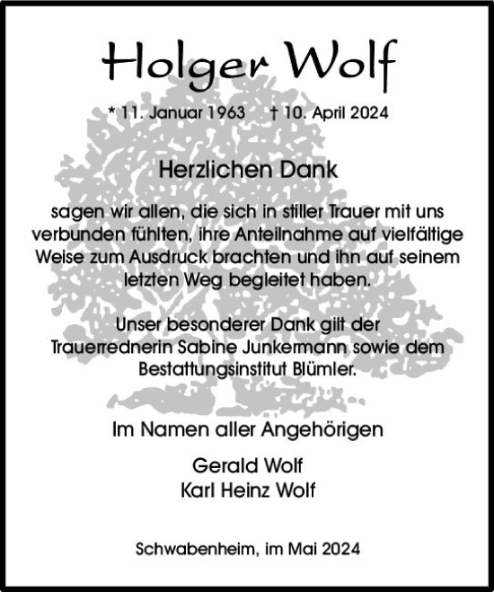 Traueranzeige von Holger Wolf von Allgemeine Zeitung Bingen/Ingelheim