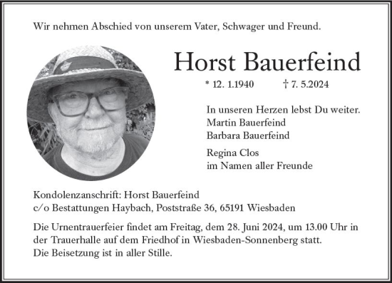 Traueranzeige von Horst Bauerfeind von Wiesbadener Kurier