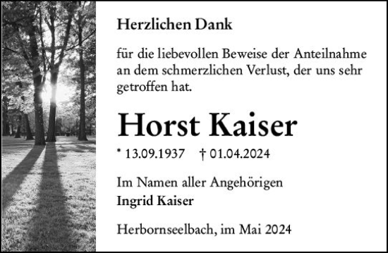 Traueranzeige von Horst Kaiser von Dill Block