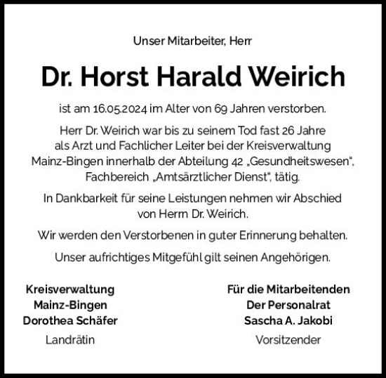 Traueranzeige von Horst Harald Weirich von Allgemeine Zeitung Bingen/Ingelheim