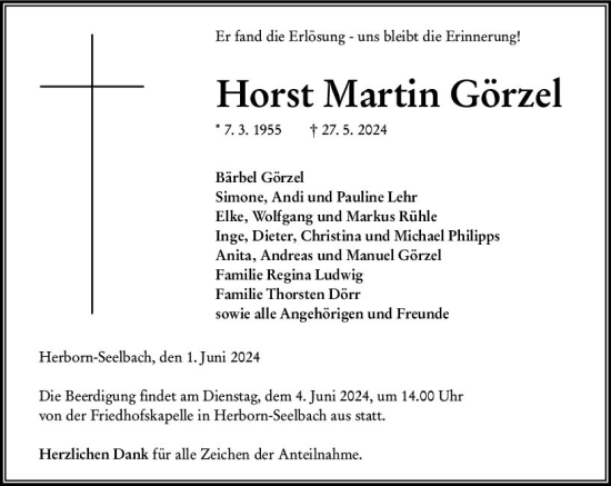 Traueranzeige von Horst Martin Görzel von Dill Block