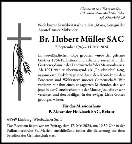 Traueranzeige von Hubert Müller von Nassauische Neue Presse