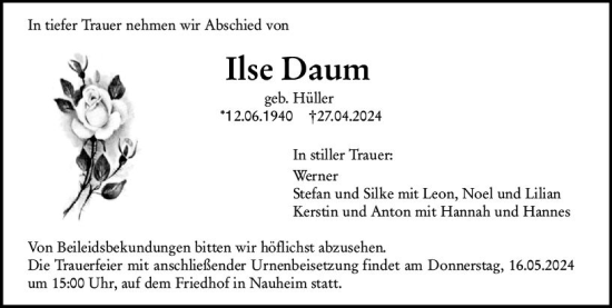 Traueranzeige von Ilse Daum von Rüsselsheimer Echo