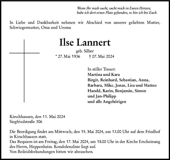 Traueranzeige von Ilse Lannert von Starkenburger Echo