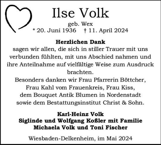 Traueranzeige von Ilse Volk von Wiesbadener Kurier