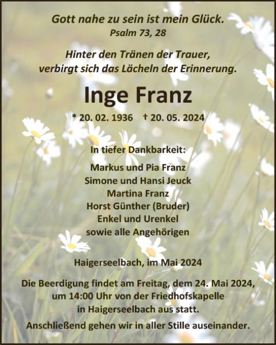 Traueranzeige von Inge Franz von Dill Block