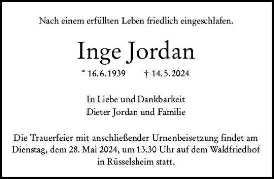 Traueranzeige von Inge Jordan von Rüsselsheimer Echo