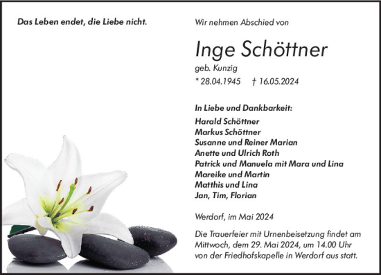 Traueranzeige von Inge Schöttner von Wetzlarer Neue Zeitung
