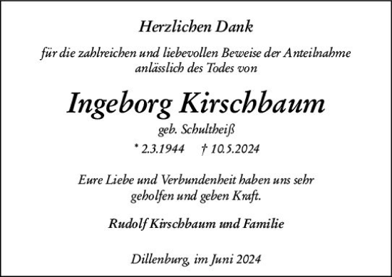 Traueranzeige von Ingeborg Kirschbaum von Dill Block