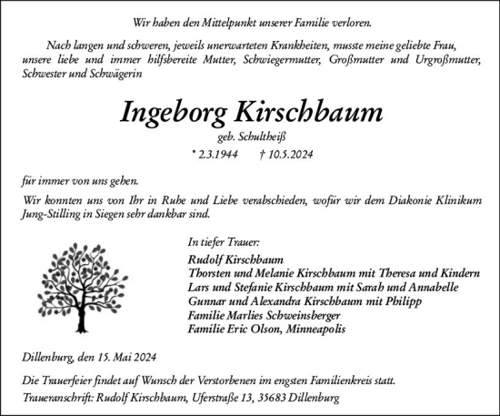 Traueranzeige von Ingeborg Kirschbaum von Dill Block