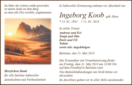 Traueranzeige von Ingeborg Koob von Dill Block