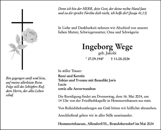 Traueranzeige von Ingeborg Wege von Hinterländer Anzeiger