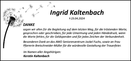 Traueranzeige von Ingrid Kaltenbach von Allgemeine Zeitung Mainz