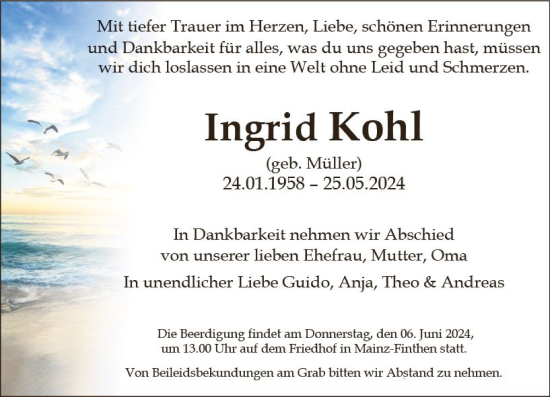 Traueranzeige von Ingrid Kohl von Allgemeine Zeitung Mainz