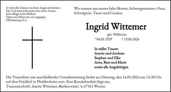 Traueranzeige von Ingrid Wittemer von Wormser Zeitung