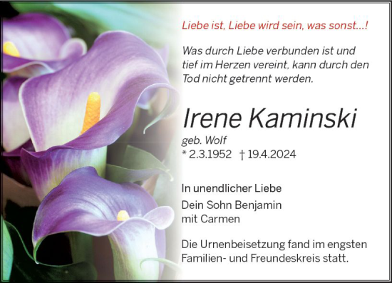 Traueranzeige von Irene Kaminski von Allgemeine Zeitung Bingen/Ingelheim