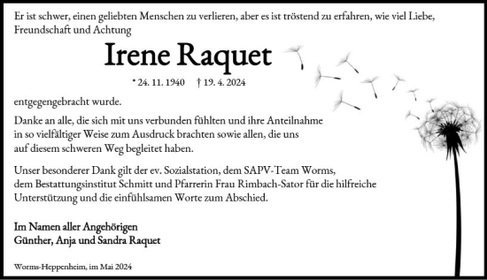 Traueranzeige von Irene Raquet von Wormser Zeitung